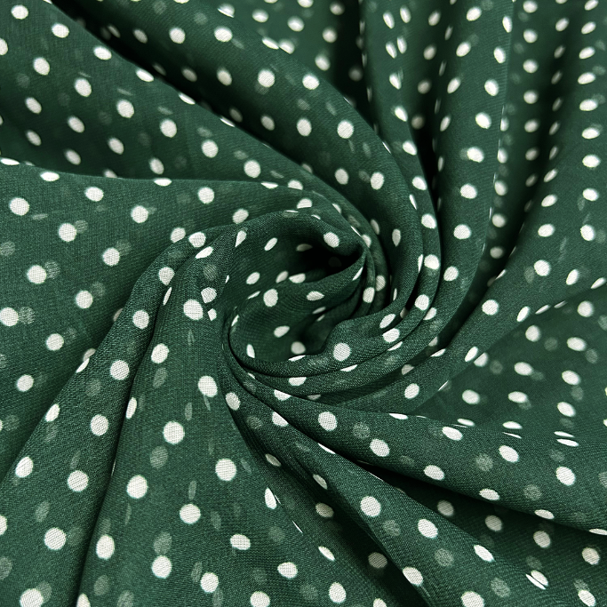 Dark Green & White Polka Dot Printed Georgette Fabric (Wholesale)