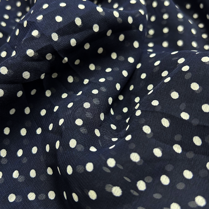 Navy Blue & White Polka Dot Printed Georgette Fabric