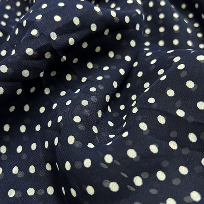 Navy Blue & White Polka Dot Printed Georgette Fabric (Wholesale)