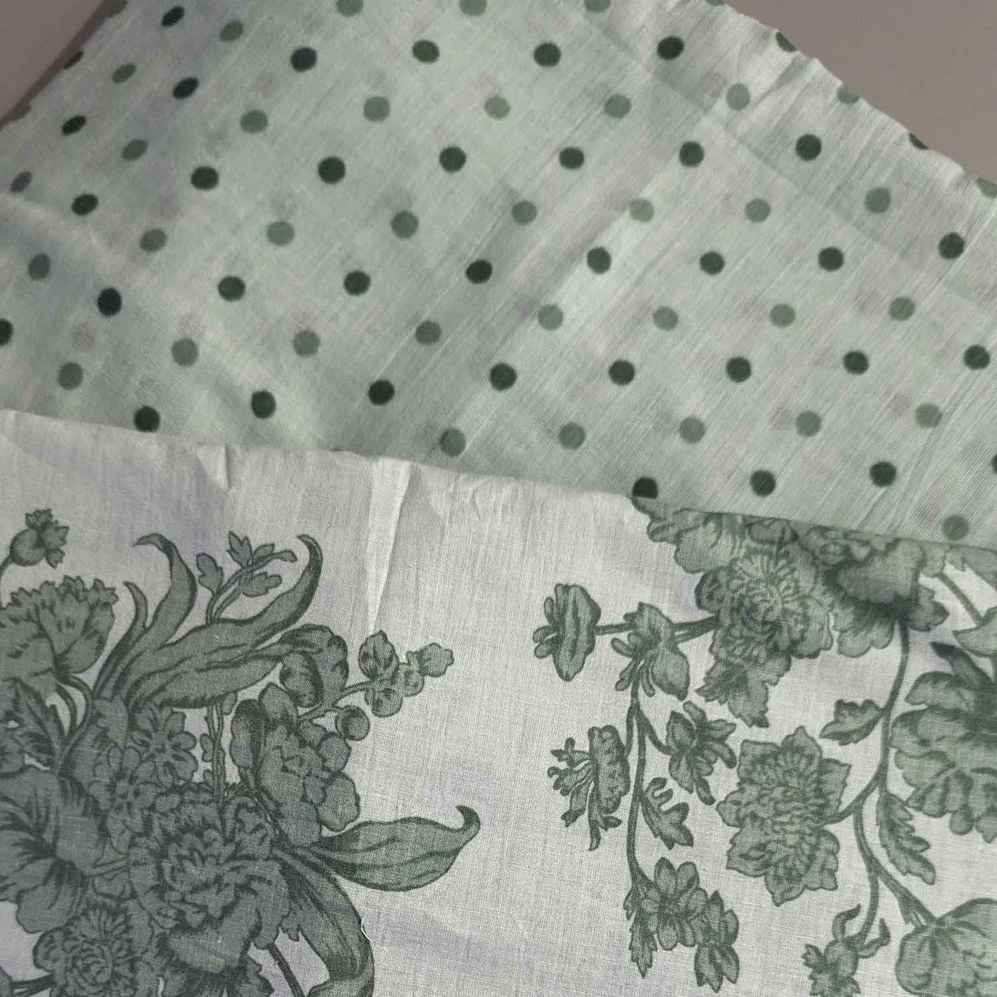 Green & White Floral / Polka Dot Cotton Fabric Combo