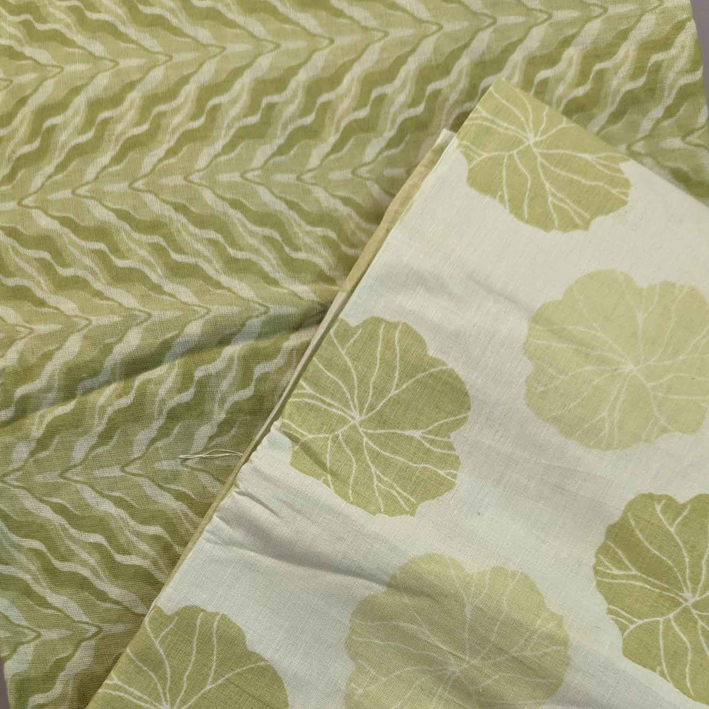 Cream & Mehndi Green Floral / Chevron Cotton Fabric Combo