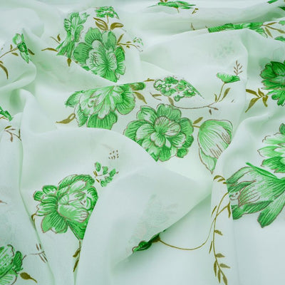 Green & Golden Floral Printed Faux Georgette Fabric