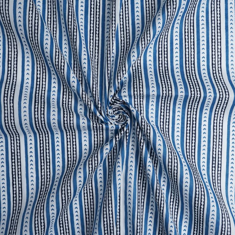 Blue & White Stripes Printed Pure Cotton Fabric