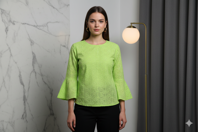 Neon Green Cotton Hakoba Embroidered Fabric