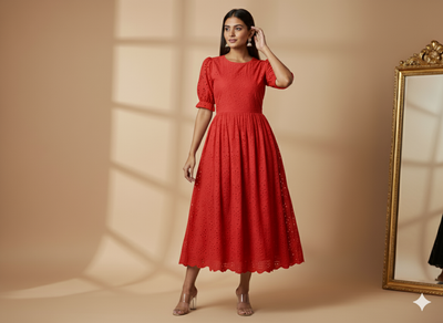 Red Cotton Hakoba Embroidered Fabric