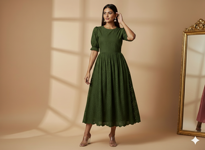 Dark Green Cotton Hakoba Embroidered Fabric