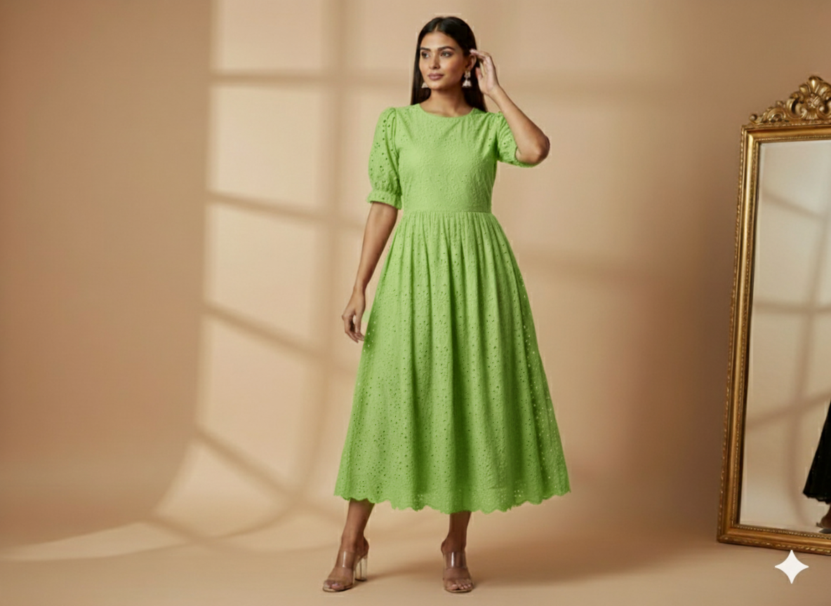 Neon Green Cotton Hakoba Embroidered Fabric