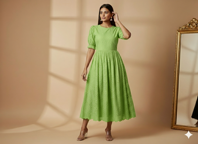 Neon Green Cotton Hakoba Embroidered Fabric