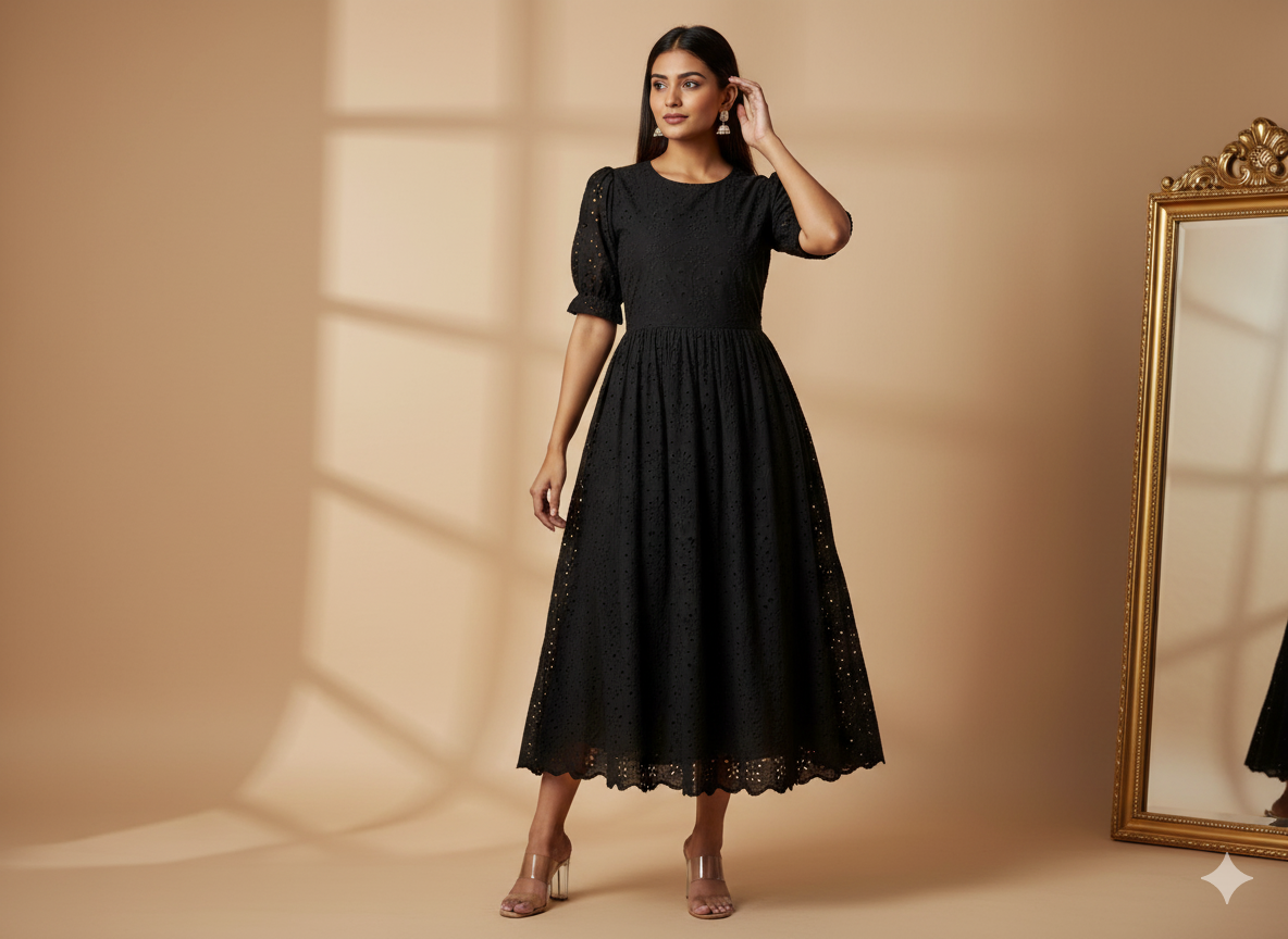 Black Cotton Hakoba Embroidered Fabric