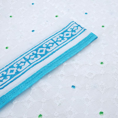 White Schiffli Embroidery Hand Block Printed Cotton Fabric