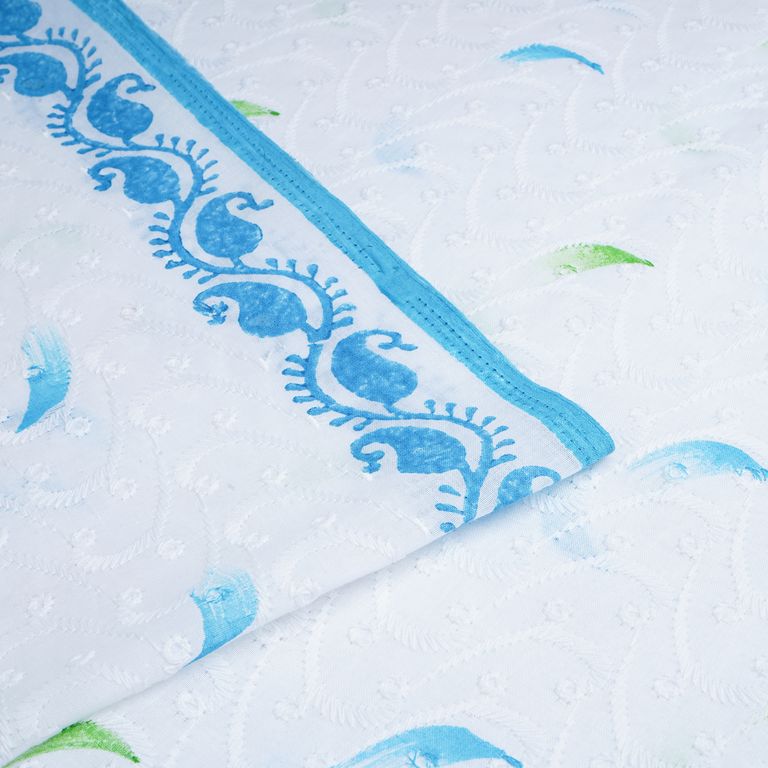 White Schiffli Embroidery Hand Block Printed Cotton Fabric