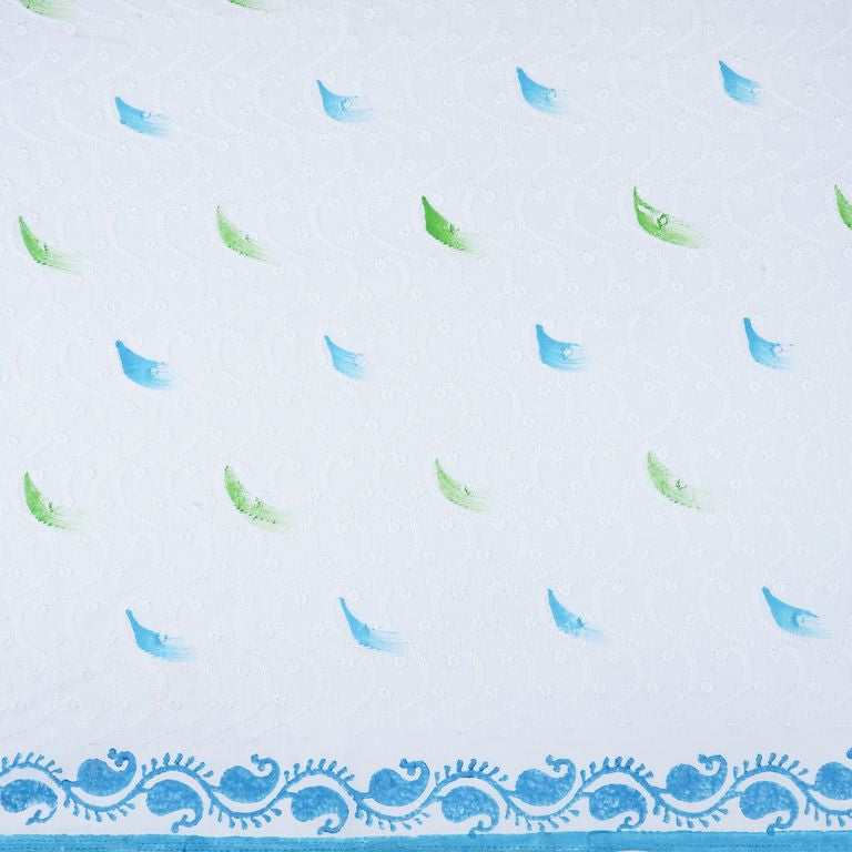 White Schiffli Embroidery Hand Block Printed Cotton Fabric