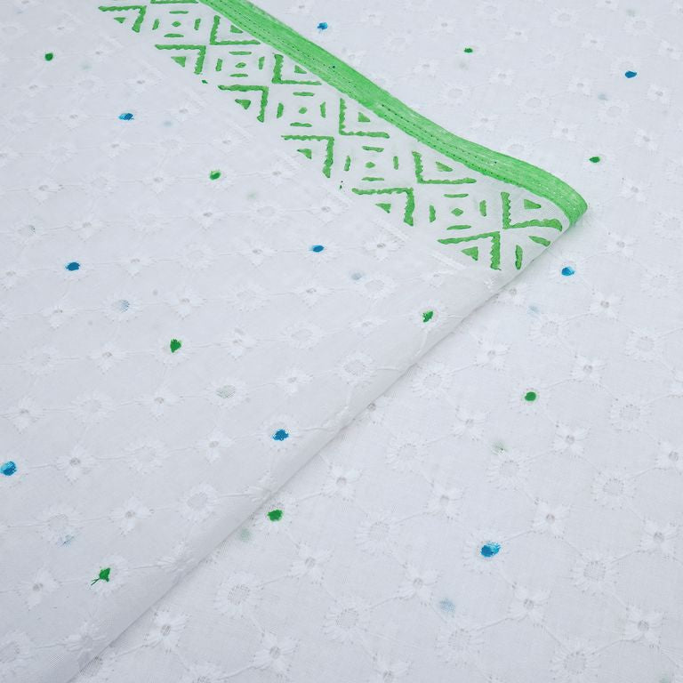 White Schiffli Embroidery Hand Block Printed Cotton Fabric