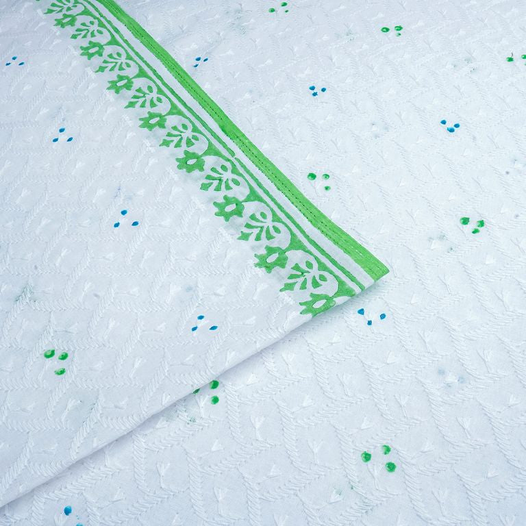 White Schiffli Embroidery Hand Block Printed Cotton Fabric