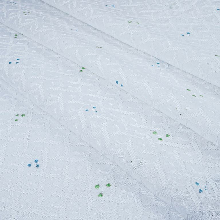 White Schiffli Embroidery Hand Block Printed Cotton Fabric