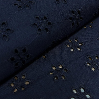 Navy Blue Floral Embroidered Heavy Hakoba Cotton Fabric