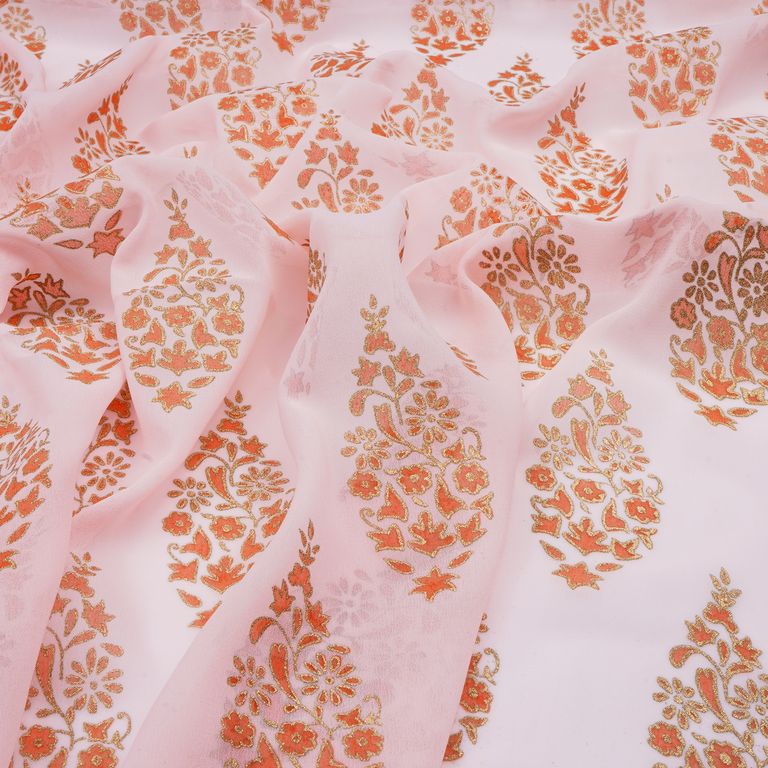 Light Pink & Golden Motif Printed Faux Georgette Fabric