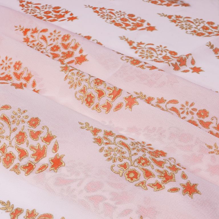 Light Pink & Golden Motif Printed Faux Georgette Fabric