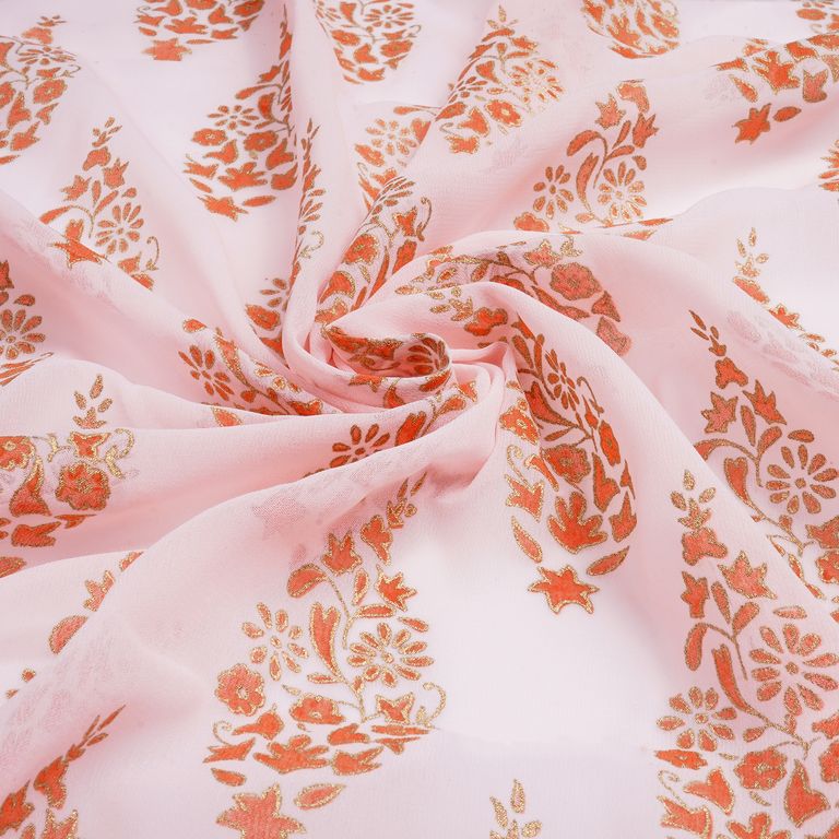 Light Pink & Golden Motif Printed Faux Georgette Fabric