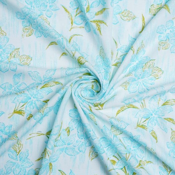 Turquoise & White Floral Printed Cotton Rayon Fabric