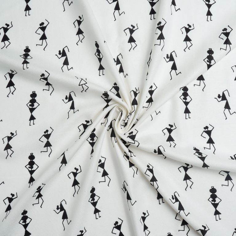 White & Black Quirky Printed Cotton Rayon Fabric