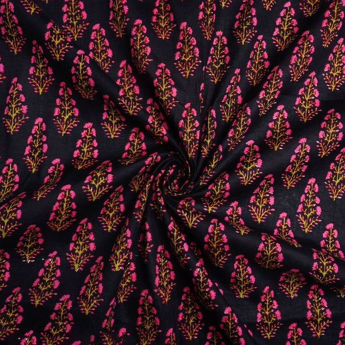 Black & Pink Floral Printed Pure Cotton Fabric