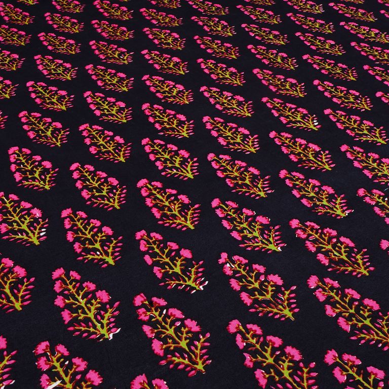 Black & Pink Floral Printed Pure Cotton Fabric