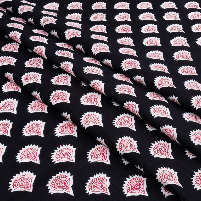 Black & Red Motif Printed Pure Cotton Fabric