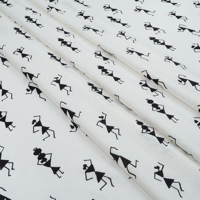 White & Black Quirky Printed Cotton Rayon Fabric