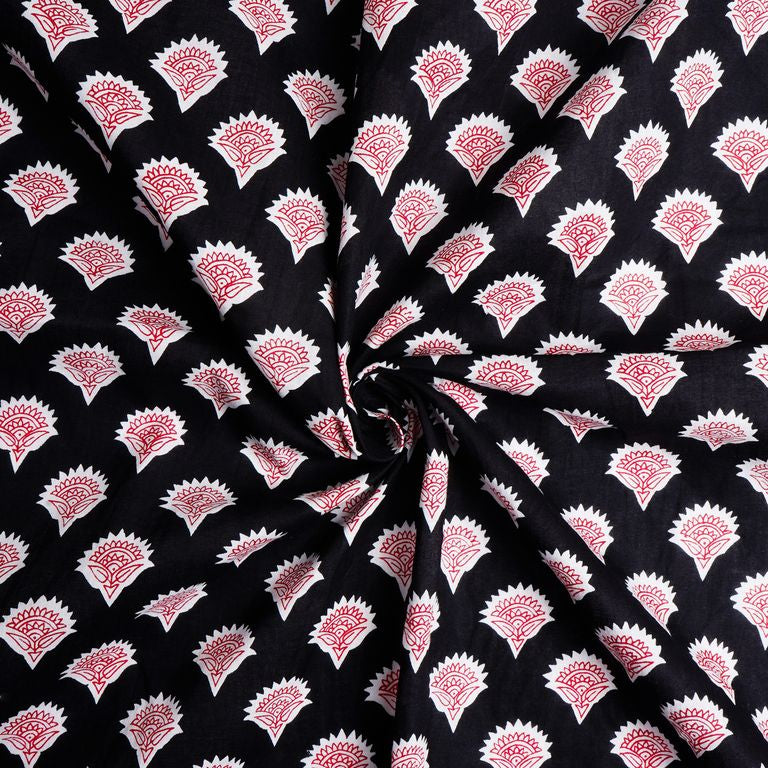 Black & Red Motif Printed Pure Cotton Fabric