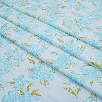 Turquoise & White Floral Printed Cotton Rayon Fabric