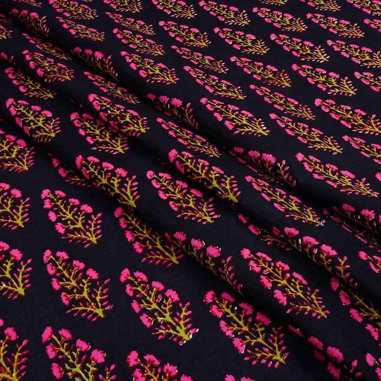 Black & Pink Floral Printed Pure Cotton Fabric