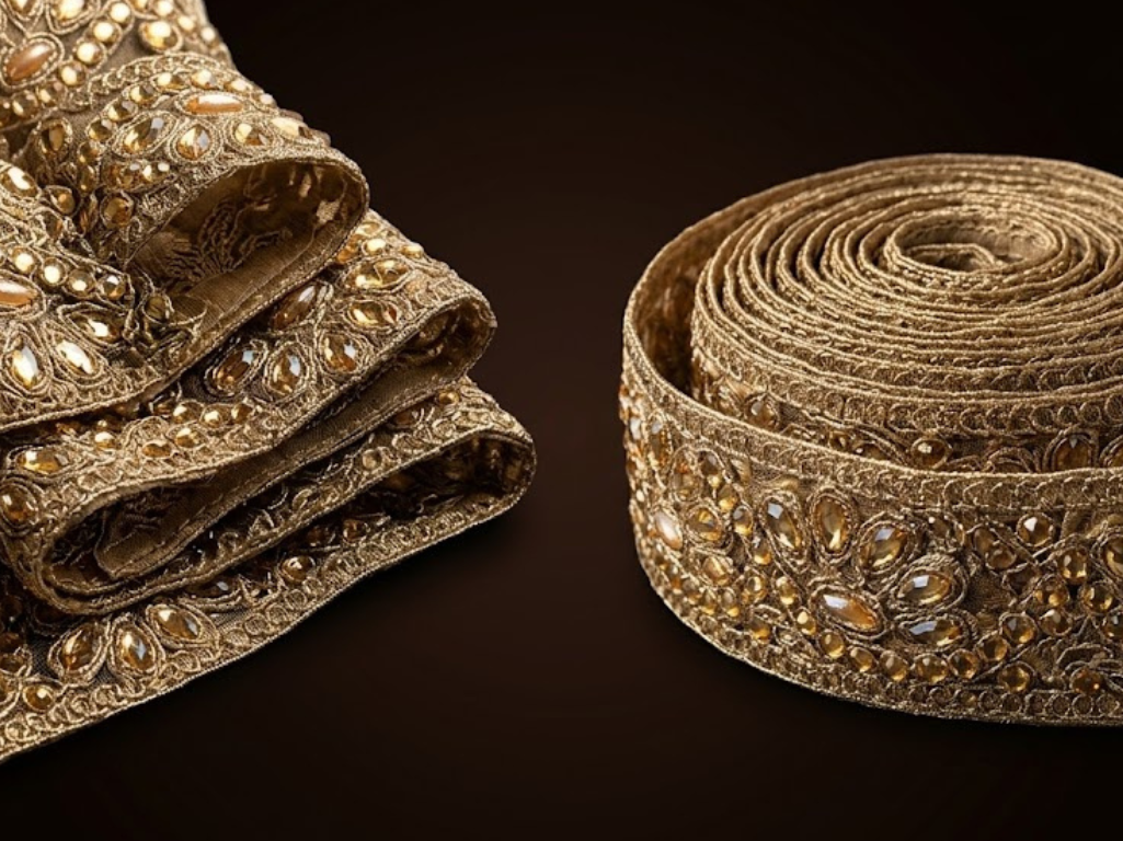 Golden Honey Intricate Crystal and Bead Lace