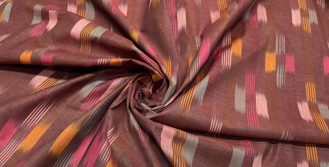 Brown Abstract Handloom Ikat Cotton Fabric