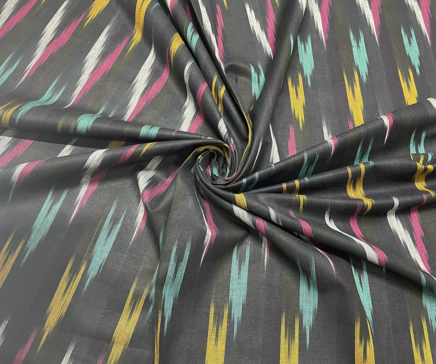 Black Abstract Handloom Ikat Cotton Fabric