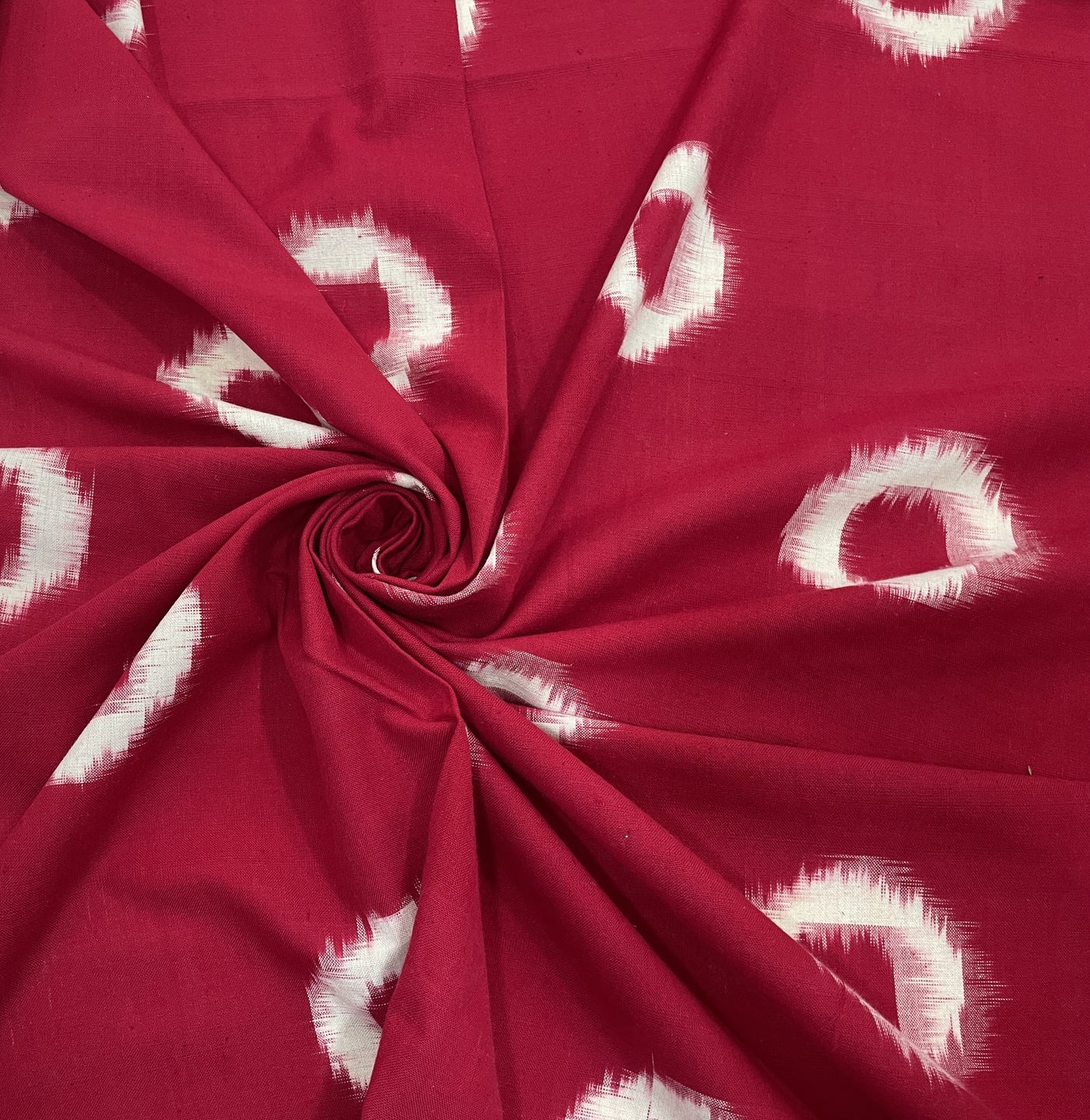 Red & White Motifs Handloom Woven Double Ikat Cotton Fabric