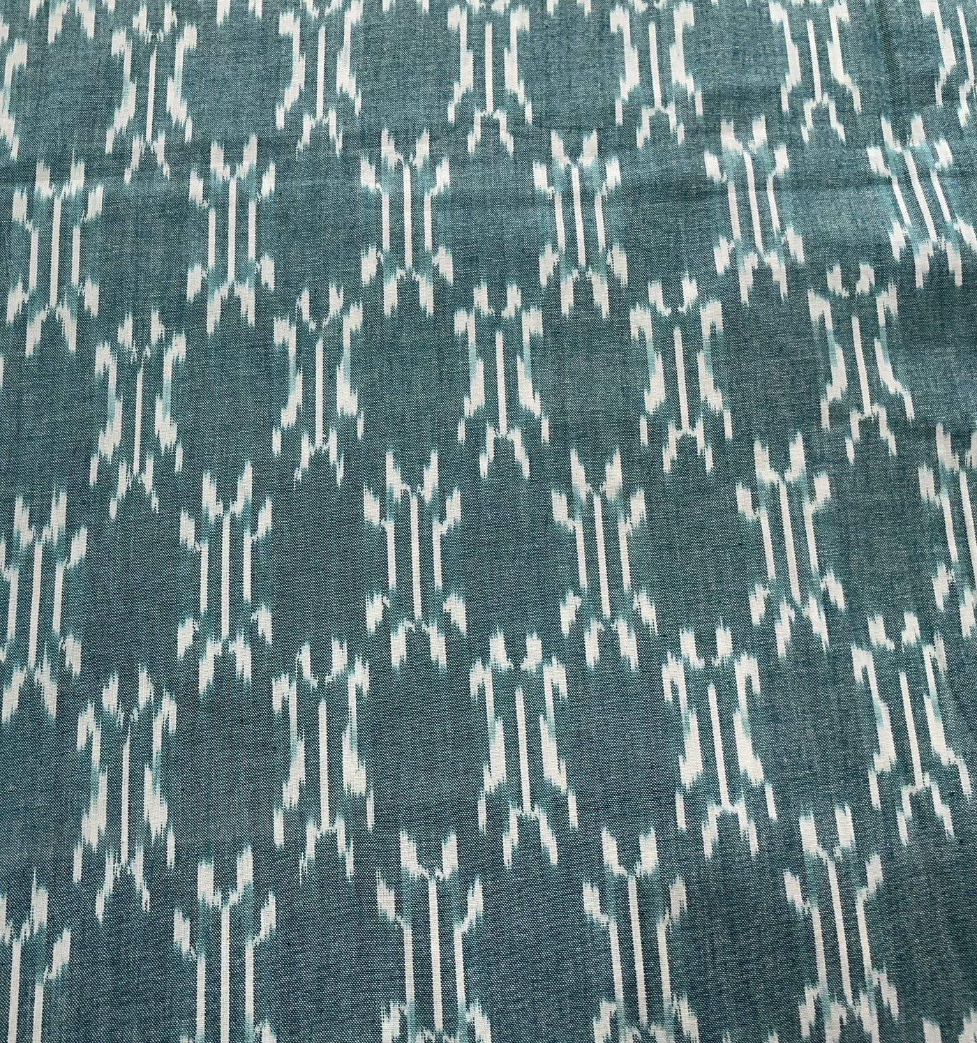 Green & White Geometric Handloom Woven Ikat Cotton Fabric