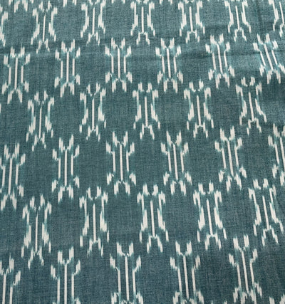 Green & White Geometric Handloom Woven Ikat Cotton Fabric