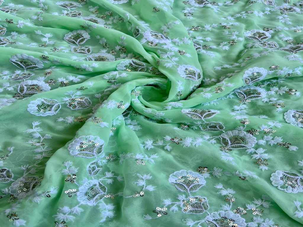 Mint Green Chikankari Embroidered Georgette Fabric (Wholesale)