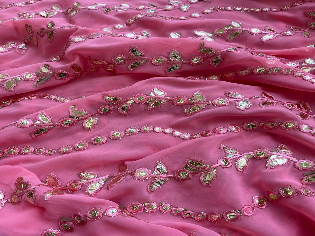 Pink Faux Mirror Work Embroidered Georgette Fabric (Wholesale)