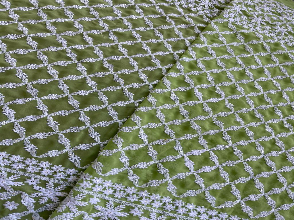 Mint Green & White Checks Lakhnawi Georgette Fabric (Wholesale)