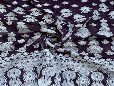 Purple & White Traditional Lakhnawi Embroidered Georgette Fabric (Wholesale)