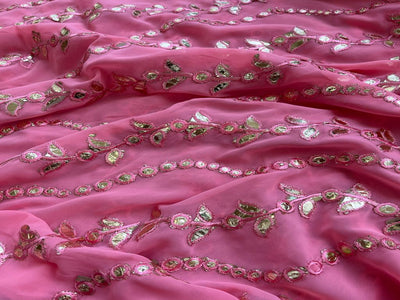 Precuts of Pink Faux Mirror Work machine Embroidered Georgette Fabric