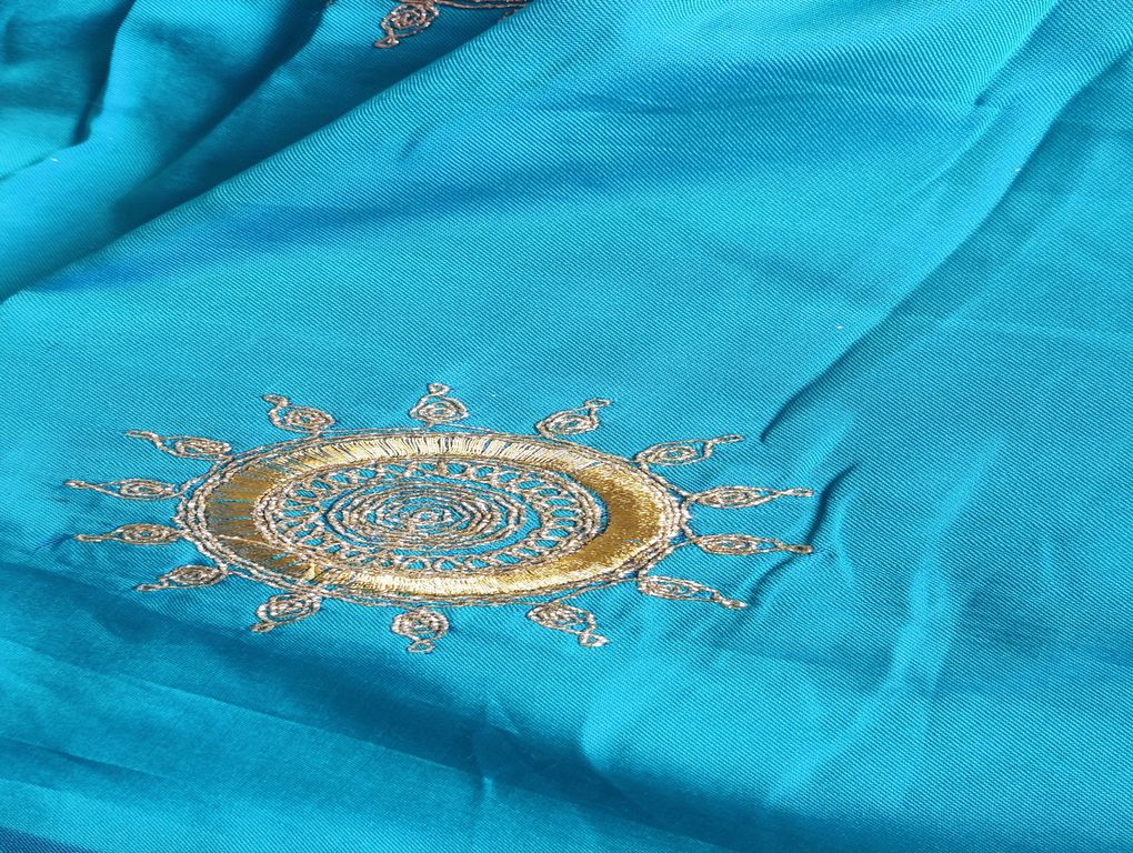 Blue Motifs Zardozi & Dori Taffeta Silk Fabric