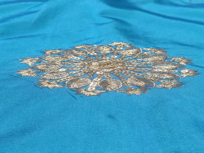 Peacock Blue Floral Sequins & Zardozi Taffeta Silk Fabric