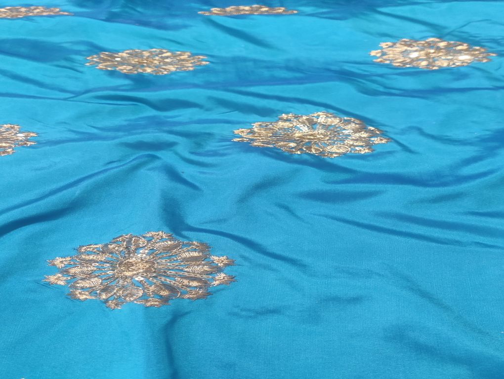 Peacock Blue Floral Sequins & Zardozi Taffeta Silk Fabric