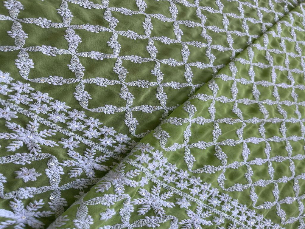 Mint Green & White Checks Lakhnawi Georgette Fabric (Wholesale)