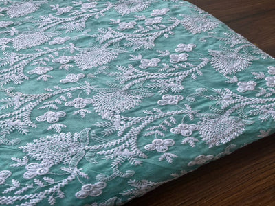 Sea Green  & White Floral Embroidered Chikankari Chanderi Fabric (Wholesale)