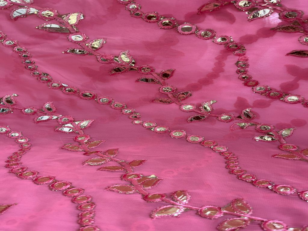 Pink Faux Mirror Work Embroidered Georgette Fabric (Wholesale)