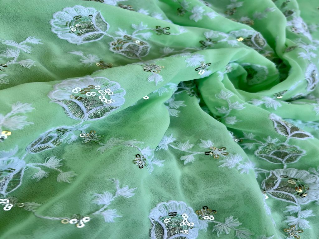 Mint Green Chikankari Embroidered Georgette Fabric (Wholesale)